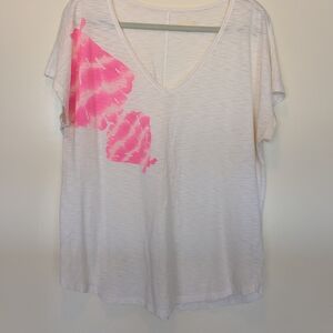 Lilly Pulitzer White and Pink V-Neck Tee Sz L Beach Cruise Vacay Slub Like